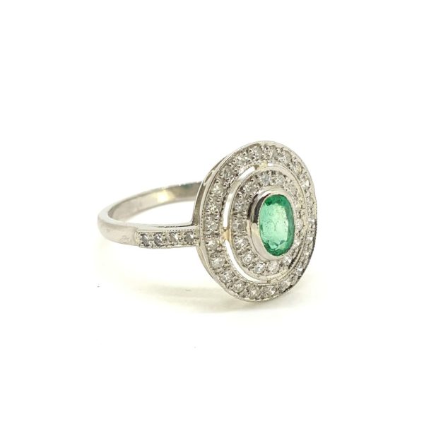 Modern 0.50ct Emerald and Diamond Double Halo Cluster Ring