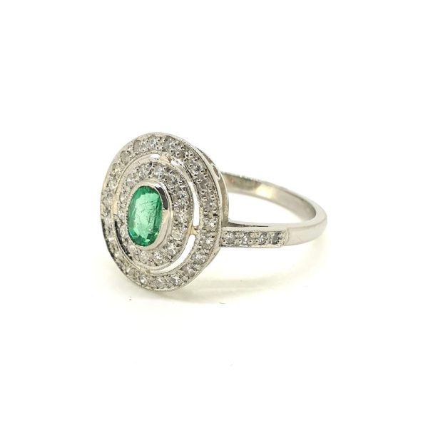 Modern 0.50ct Emerald and Diamond Double Halo Cluster Ring
