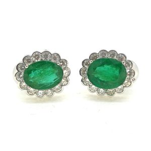 Emerald and Diamond Oval Cluster Earrings, 4.47 carats