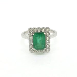 2.12ct Emerald-Cut Emerald and Diamond Rectangular Cluster Plaque Ring in 18ct White Gold