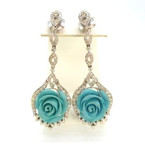 Carved Turquoise Flower and Diamond Drop Earrings