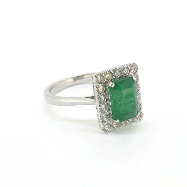 2.12ct Emerald-Cut Emerald and Diamond Rectangular Cluster Plaque Ring in 18ct White Gold