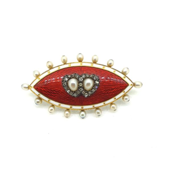 Victorian Antique Red Guilloche Enamel Marquise Brooch with Pearls and Diamonds