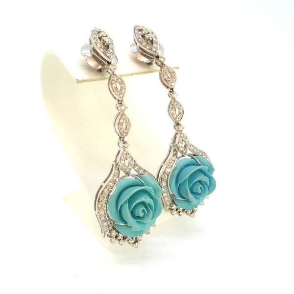 Carved Turquoise Flower and Diamond Drop Earrings, striking pair of diamond long drop earrings with carved turquoise roses