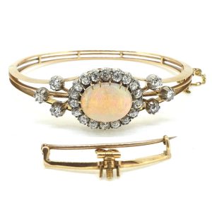 Antique Opal and Diamond Cluster Bangle Bracelet