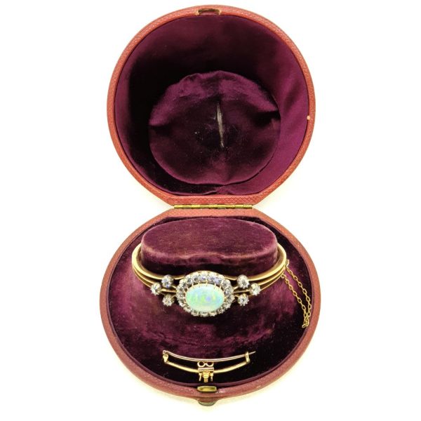 Antique Opal and Diamond Cluster Bangle Bracelet in antique case box