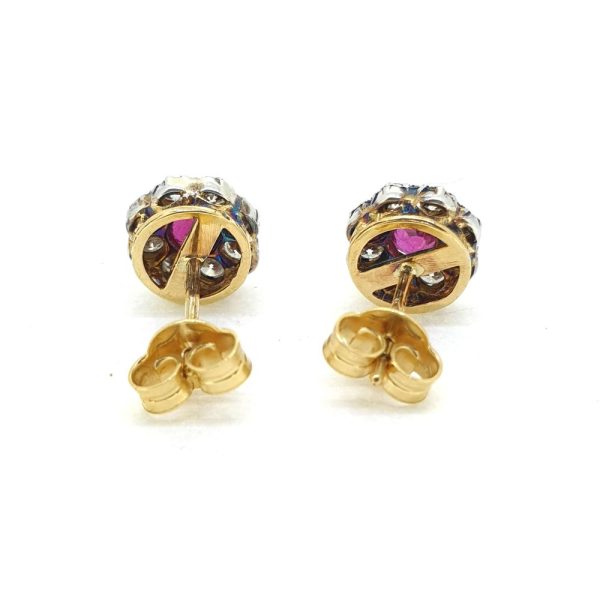 Ruby and Diamond Cluster Stud Earrings in Silver upon Yellow Gold