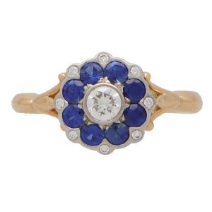 Sapphire and Diamond Floral Cluster Ring in 18ct White and Rose Gold