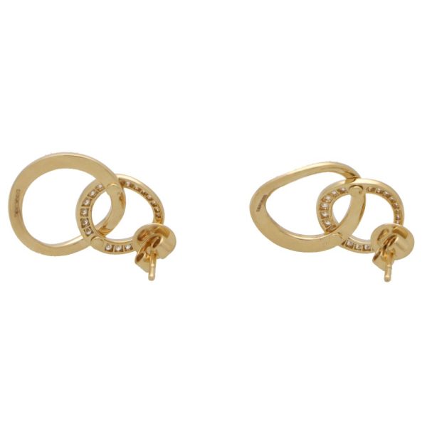 Contemporary 18ct Yellow Gold Double Hoop Drop Earrings with Diamonds