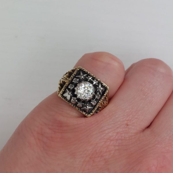 Antique 1ct Old Cut Diamond Star Signet Ring