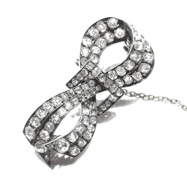 Antique French 6ct Old Mine Cut Diamond Bow Brooch
