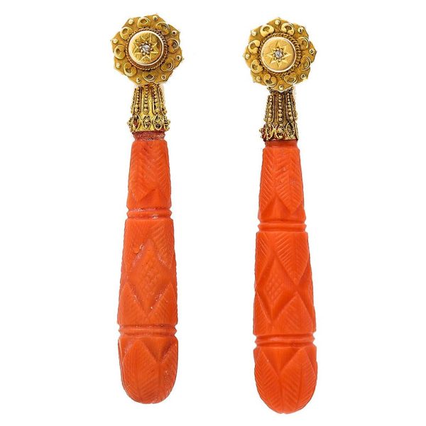 Antique Georgian Carved Coral and Diamond Drop Earrings, carved pink coral torpedo-shaped drop earrings in 15ct yellow gold with detachable diamond set heads