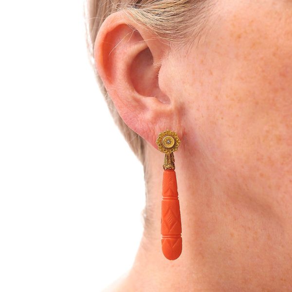 Antique Georgian Carved Coral and Diamond Drop Earrings