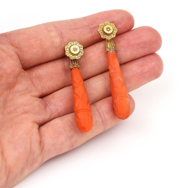 Antique Georgian Carved Coral and Diamond Drop Earrings
