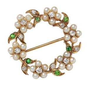 Antique Pearl Diamond Demantoid Garnet Wreath Brooch