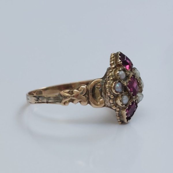 Antique Victorian Ruby and Pearl Navette Ring