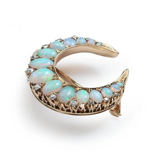 Antique Victorian Opal and Diamond Crescent Moon Brooch