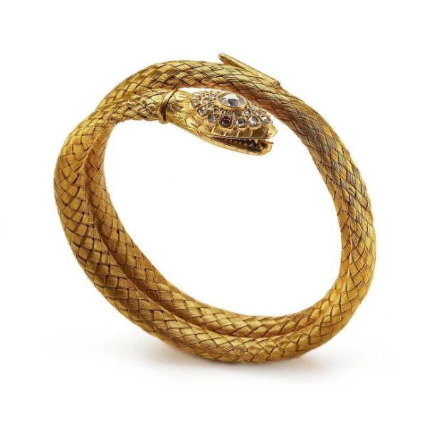 Antique Woven Gold Snake Bracelet with Diamonds and Rubies