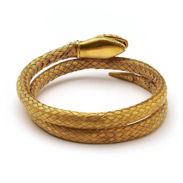 Antique Diamond Ruby Woven Yellow Gold Coiled Snake Bracelet