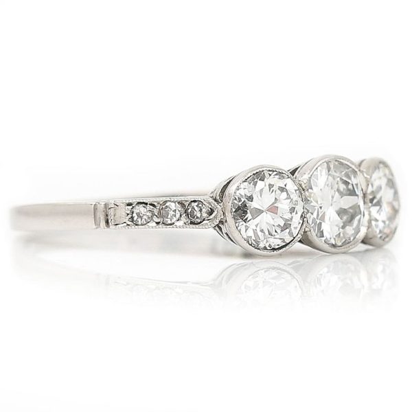 Art Deco Early Brilliant Cut Diamond Three Stone Engagement Ring in 18ct White Gold, 1.08 carats