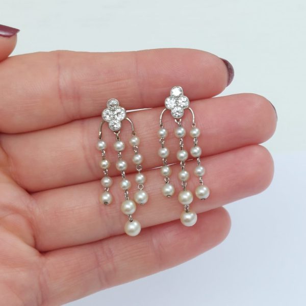 Art Deco Antique Natural Pearl and Diamond Tassel Drop Earrings