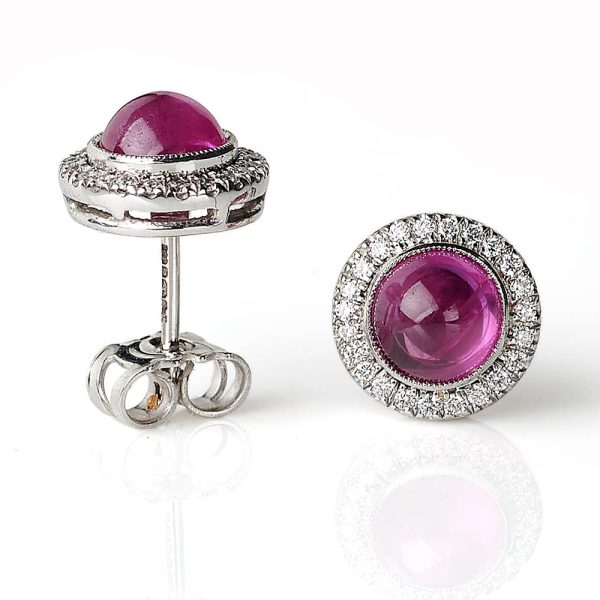 Art Deco Inspired Cabochon Ruby and Diamond Cluster Earrings