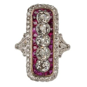 Art Deco Ruby and Diamond Five Stone Cluster Plaque Ring