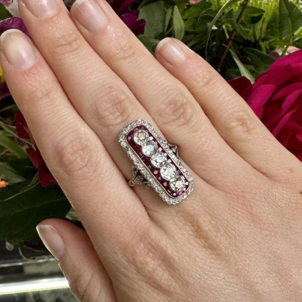 Art Deco Ruby and 2ct Old Cut Diamond Five Stone Cluster Plaque Ring 2 carat total