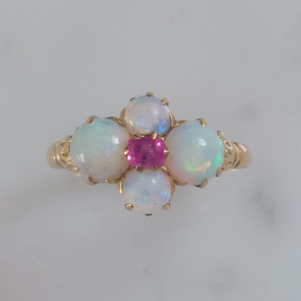 Art Nouveau Antique Opal and Ruby Ring