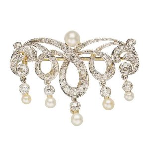 Belle Epoque Natural Pearl and Old Cut Diamond Brooch by TB Starr