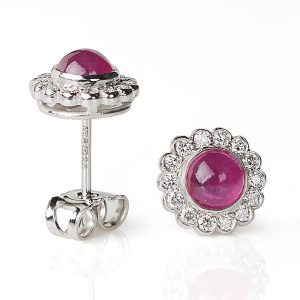 Cabochon Ruby and Diamond Cluster Earrings