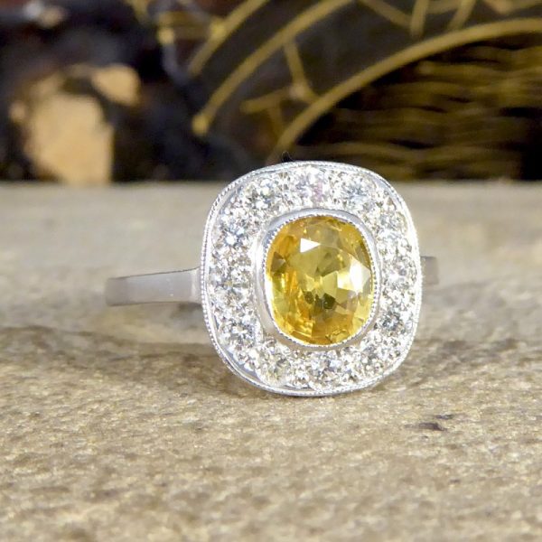 Contemporary 1.50ct Yellow Sapphire and Diamond Cluster Ring