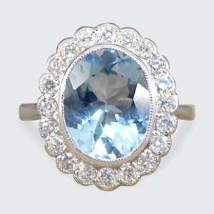 Edwardian Inspired 2.25ct Aquamarine and Diamond Cluster Ring