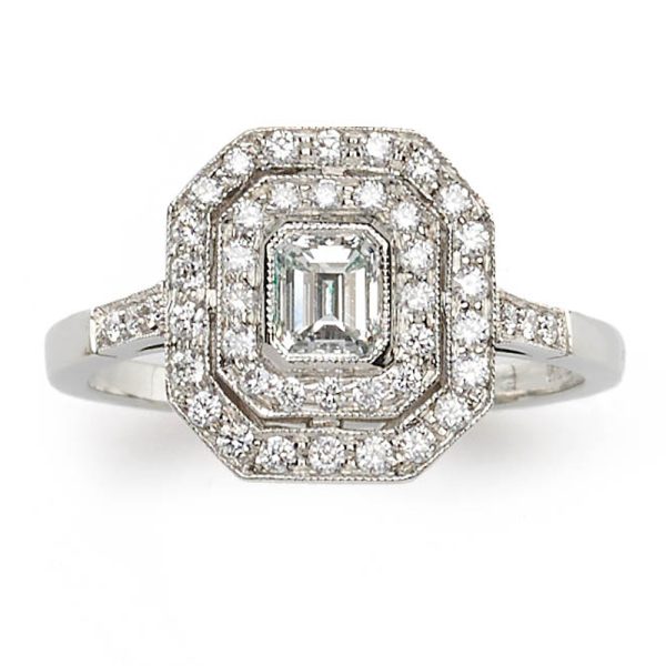 Edwardian Style Emerald Cut Diamond Cluster Ring, 0.82ct