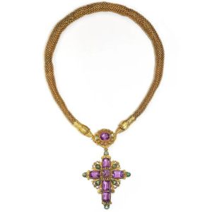 Antique Georgian Cannetille Gold Snake Necklace With Amethyst And Emerald Cross Pendant