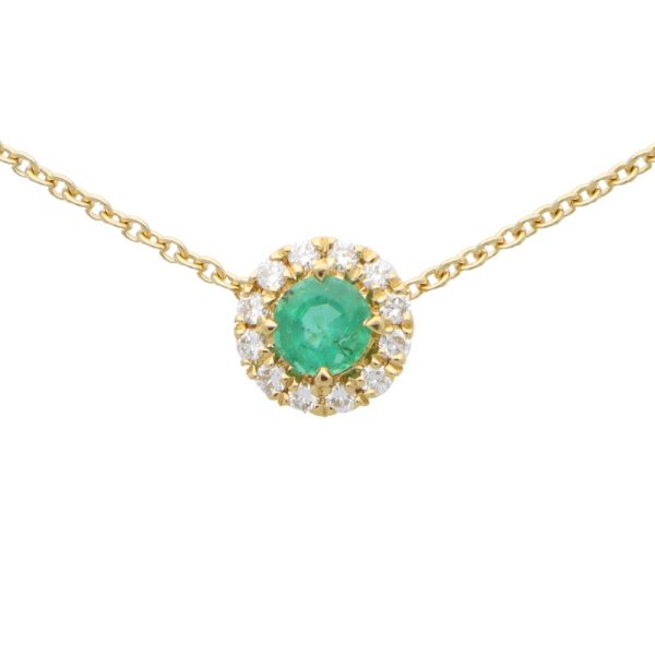 0.30ct Emerald and Diamond Cluster Pendant Necklace in Yellow Gold