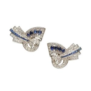 Late Art Deco Vintage 1940s sapphire and diamond spray earrings