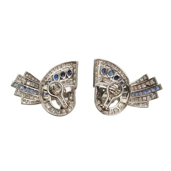 Platinum Sapphire Diamond Retro Vintage Earrings