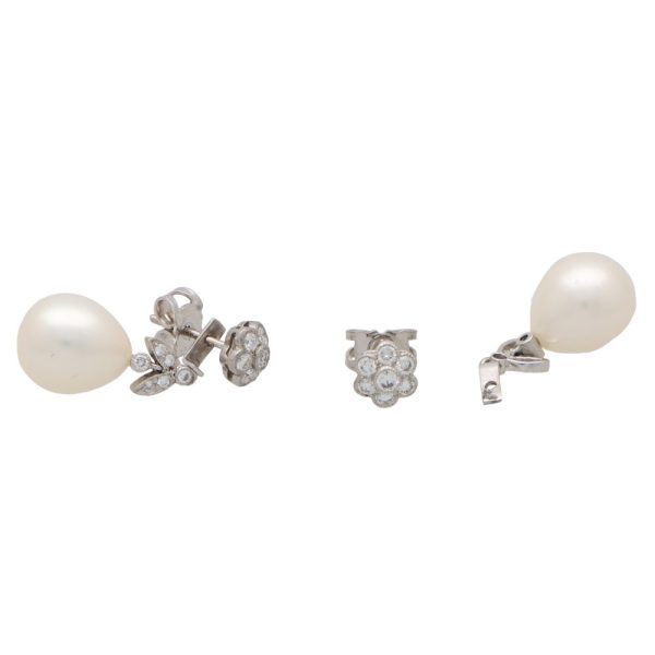 Pearl and Diamond Cluster Drop Earrings with Removeable Studs, convertible pearl and diamond earrings in 18ct white gold, diamond floral cluster studs with detachable drop pearls with diamond leaf motifs, 0.44 carats