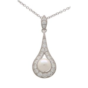Diamond and Pearl Cluster Drop Pendant Necklace