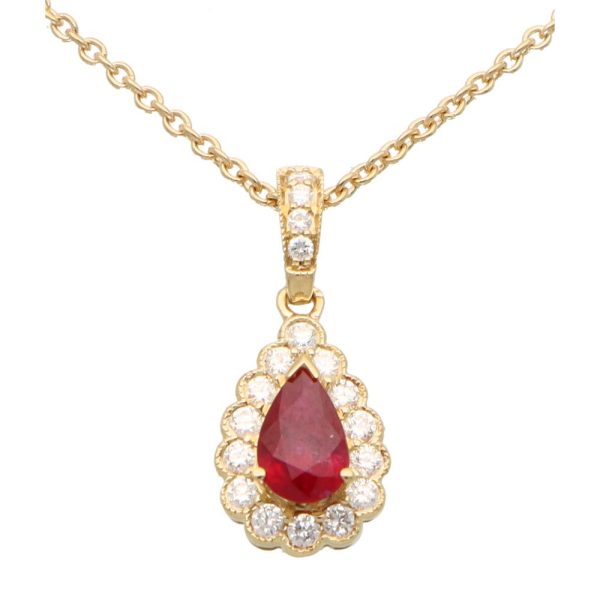 0.41ct Pear Cut Ruby and Diamond Cluster Pendant in 18ct Yellow Gold