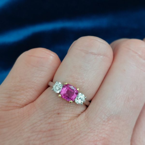 Pink Sapphire and Diamond Three Stone Ring, 1.50ct