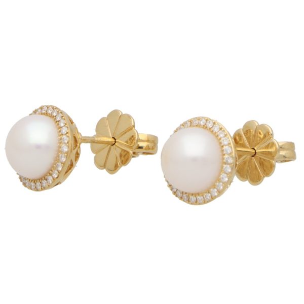 Modern Pair of Pearl and Diamond Halo Cluster Stud Earrings in 18ct Yellow Gold