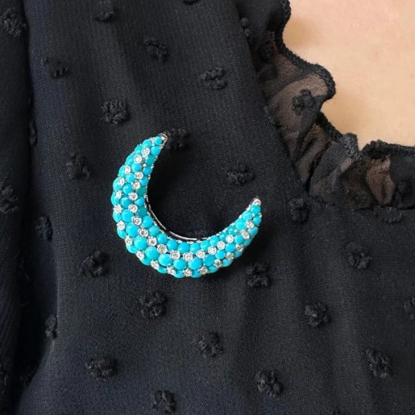Vintage Tiffany and Co Turquoise and Diamond Crescent Moon Brooch