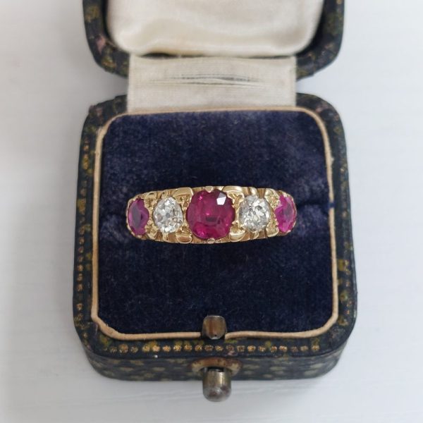 Victorian Antique 2ct Ruby and Diamond Five Stone Ring