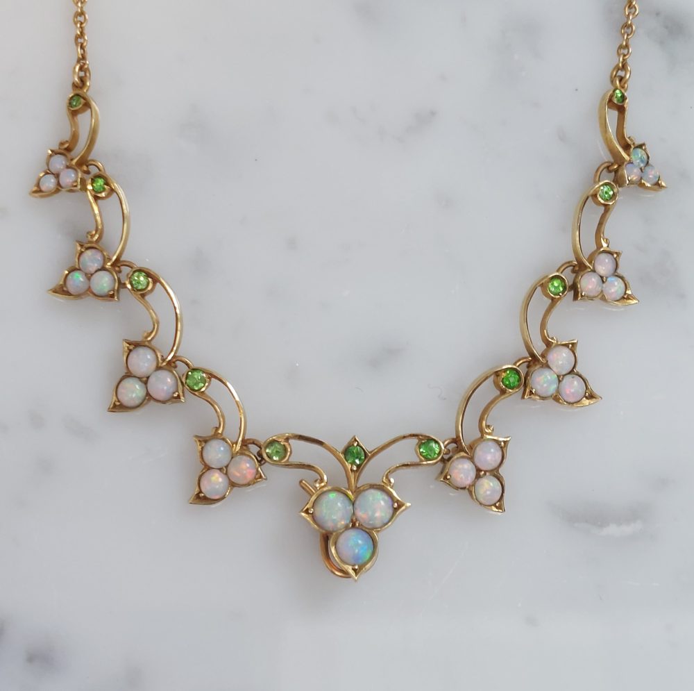 Solid Gold 14K Double Tsavorite and Opal Necklace, Multi Strand Green Garnet  Beaded Necklace with Welo Opals - Valltasy
