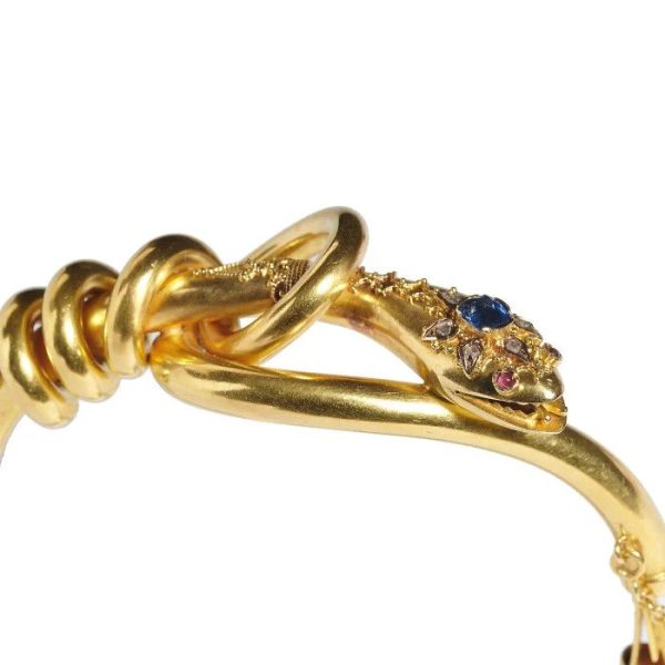 Victorian Antique Sapphire Diamond Ruby And Gold Snake Bangle Bracelet