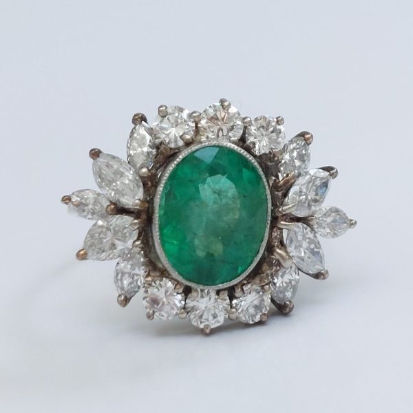 Vintage 2ct Emerald and Diamond Fancy Cluster Ring