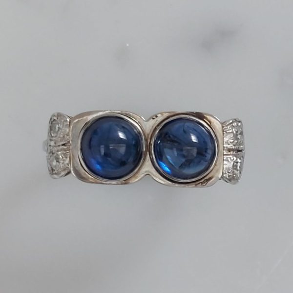 Vintage Cabochon Sapphire Two Stone and Diamond Ring