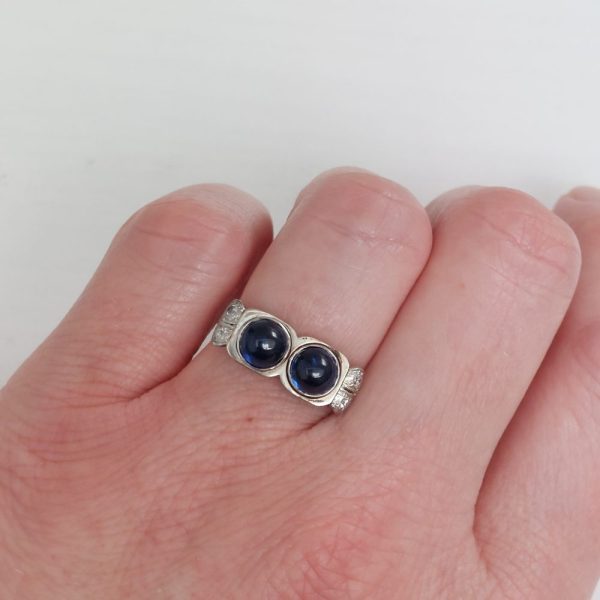 Vintage Cabochon Sapphire Two Stone and Diamond Ring